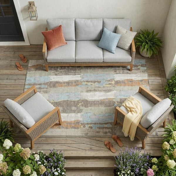 9 X 12 Ivory Blue Abstract Polyester Area Rug Washable for Patio or Living Room