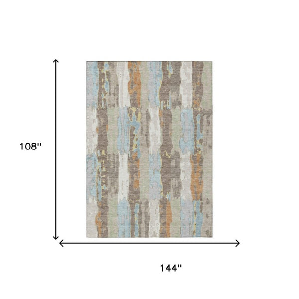 9 X 12 Ivory Blue Abstract Polyester Area Rug Washable for Patio or Living Room