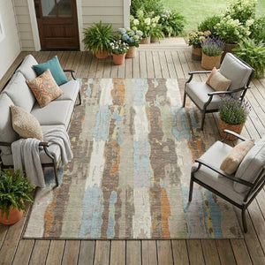 10 Ft X 14 Ft Ivory Blue Abstract Polyester Indoor Outdoor Washable Area Rug