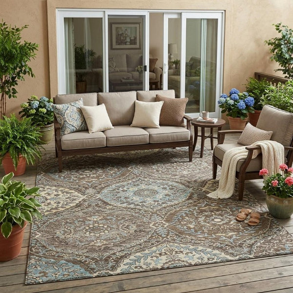 5 X 8 Ogee Brown Graphite Polyester Area Rug Washable for Indoor Outdoor Use