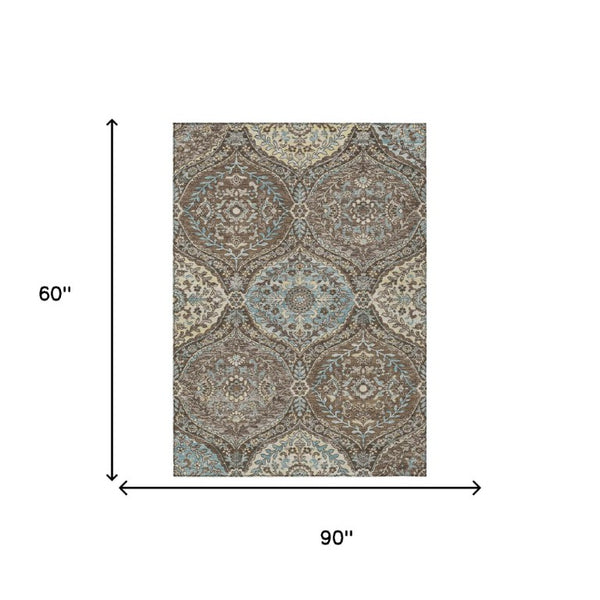 5 X 8 Ogee Brown Graphite Polyester Area Rug Washable for Indoor Outdoor Use