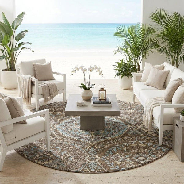 8 Foot Round Ogee Polyester Area Rug Washable Indoor Outdoor Stain Resistant Patio