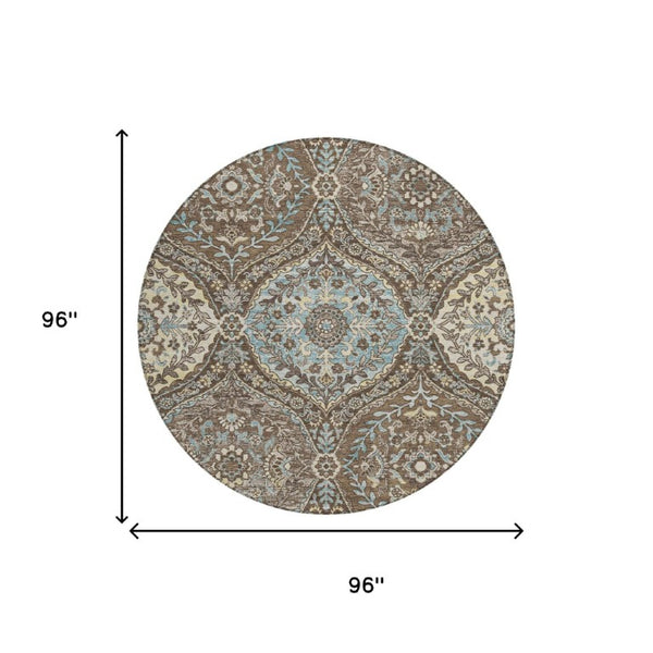 8 Foot Round Ogee Polyester Area Rug Washable Indoor Outdoor Stain Resistant Patio
