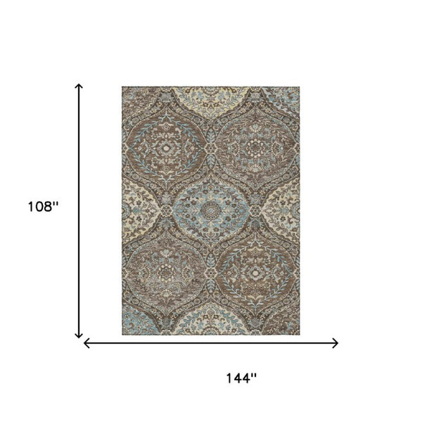 9 X 12 Brown Graphite Ogee Polyester Area Rug Washable Stain Resistant Indoor Outdoor
