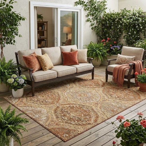 5x8 Copper Pink Ogee Polyester Area Rug Washable Stain Resistant Indoor Outdoor Patio
