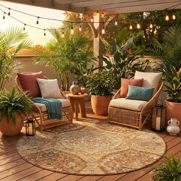 8 Foot Round Ogee Polyester Area Rug Washable Stain Resistant Indoor Outdoor Patio