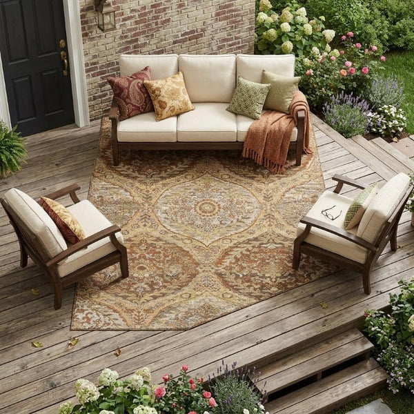 9x12 Copper Pink Ogee Polyester Area Rug Washable Stain Resistant Indoor Outdoor Use