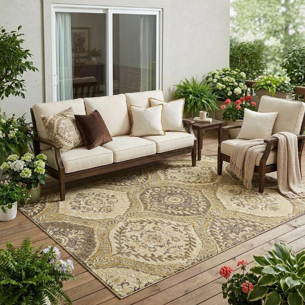 5 X 8 Gold Khaki Ogee Polyester Area Rug Washable Stain Resistant Indoor Outdoor