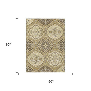 5 X 8 Gold Khaki Ogee Polyester Area Rug Washable Stain Resistant Indoor Outdoor