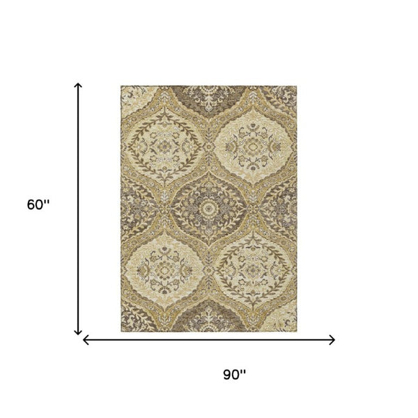 5 X 8 Gold Khaki Ogee Polyester Area Rug Washable Stain Resistant Indoor Outdoor