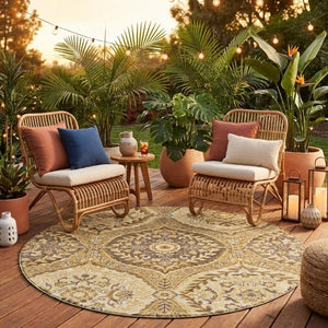 8 Foot Round Ogee Polyester Area Rug in Gold and Khaki for Indoor Outdoor Use
