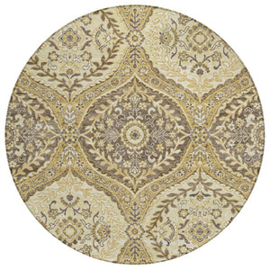 HomeRoots 8 Foot Round Ogee Polyester Area Rug in Gold and Khaki for Indoor Outdoor Use 736998
