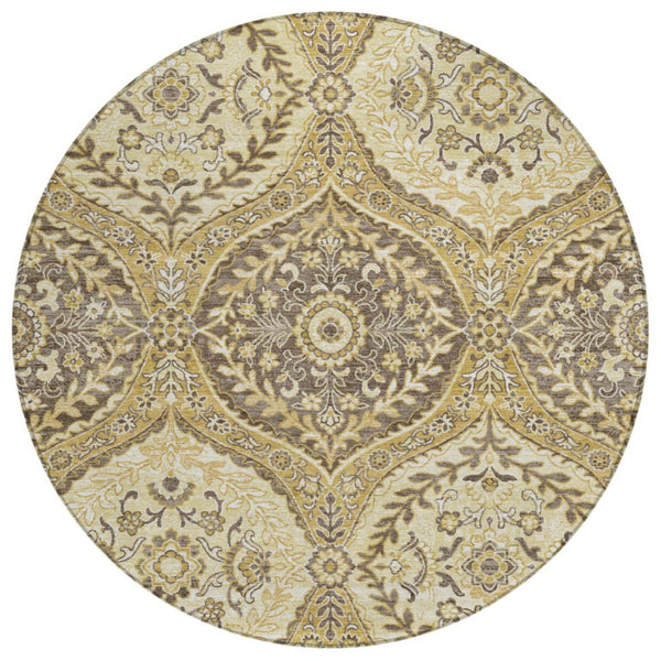 HomeRoots 8 Foot Round Ogee Polyester Area Rug in Gold and Khaki for Indoor Outdoor Use 736998
