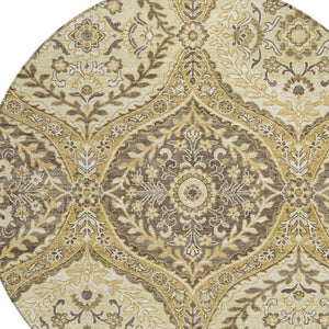 8 Foot Round Ogee Polyester Area Rug in Gold and Khaki for Indoor Outdoor Use