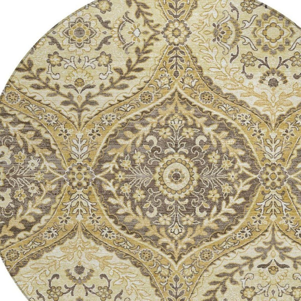 8 Foot Round Ogee Polyester Area Rug in Gold and Khaki for Indoor Outdoor Use