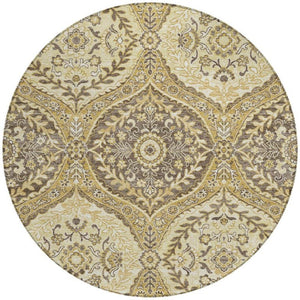 8 Foot Round Ogee Polyester Area Rug in Gold and Khaki for Indoor Outdoor Use