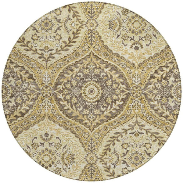 8 Foot Round Ogee Polyester Area Rug in Gold and Khaki for Indoor Outdoor Use