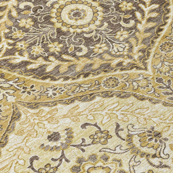 8 Foot Round Ogee Polyester Area Rug in Gold and Khaki for Indoor Outdoor Use