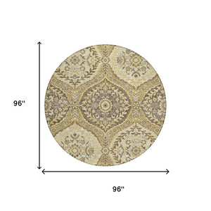 8 Foot Round Ogee Polyester Area Rug in Gold and Khaki for Indoor Outdoor Use