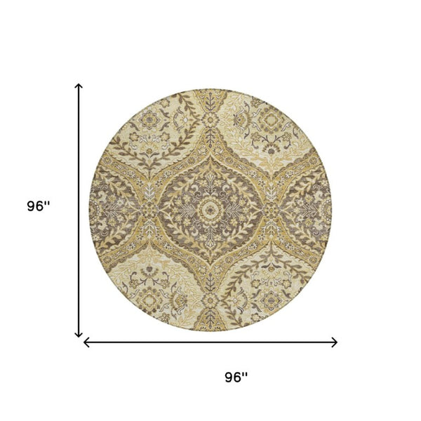 8 Foot Round Ogee Polyester Area Rug in Gold and Khaki for Indoor Outdoor Use