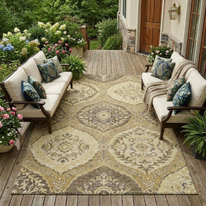 8 X 10 Gold Khaki Ogee Polyester Area Rug Stain Resistant Indoor Outdoor Use