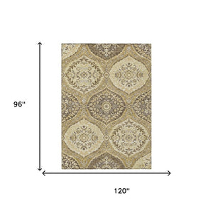 8 X 10 Gold Khaki Ogee Polyester Area Rug Stain Resistant Indoor Outdoor Use