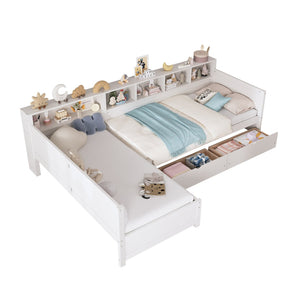 English Elm Twin Corner Daybed with Storage Drawers Bookshelf Wood L-shape Frame for Small Rooms White N733S369272K