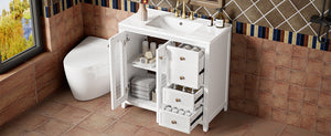 English Elm 36.02-inch white bathroom vanity with ceramic basin, gold round handles, soft-close doors & drawers N729P184710K