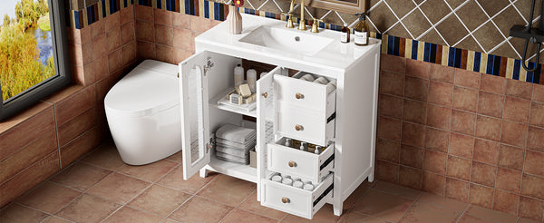 English Elm 36.02-inch white bathroom vanity with ceramic basin, gold round handles, soft-close doors & drawers N729P184710K