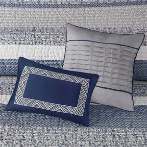 English Elm 6 Piece Rhapsody Reversible Jacquard Quilt Set Navy & Grey Full/Queen with 3 Decorative Pillows, Machine Washable B03597589
