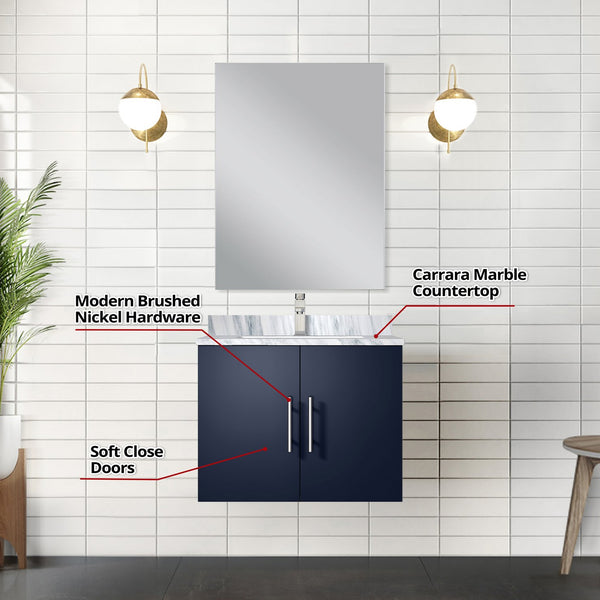 English Elm Navy Single Bath Vanity 24"W x 22"D with Carrara Marble Top, Chrome Faucet & 18" Frameless Mirror B2731S01298