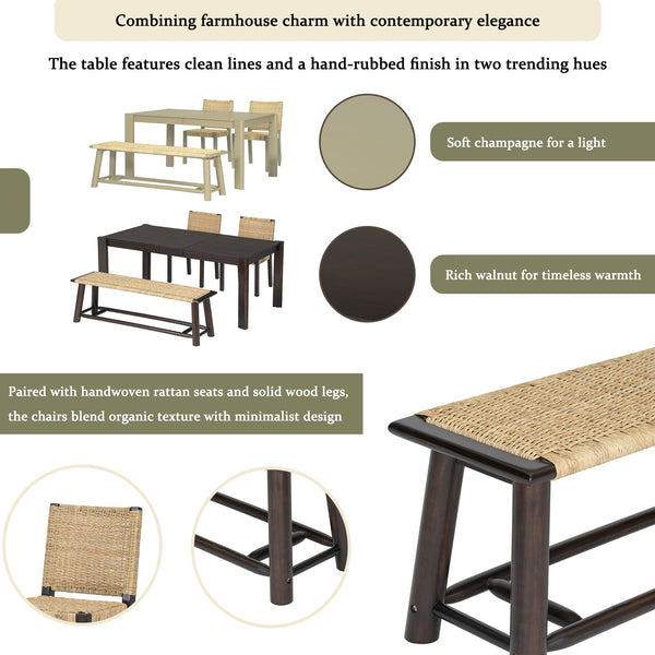 English Elm Modern Farmhouse Extendable Dining Table Set with Handwoven Rattan Chairs, Child‑Safe Rounded Edges, Expandable for 4‑8 Guests Walnut TWSET2025-1D