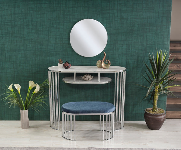 English Elm Garry Oval Fabric Ottoman with Chrome Legs — Plush Upholstery, Compact Modern Seat for Living Spaces Blue B029P333528