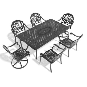 English Elm 7-piece Outdoor Cast Aluminum Dining Set with Ornate Relief Patio Table and Swivel Chairs W1710S00593