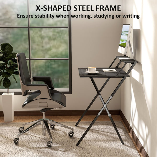 English Elm Folding Home Office Desk with Monitor Shelf Walnut Mdf Top Steel X Frame T3971P408202