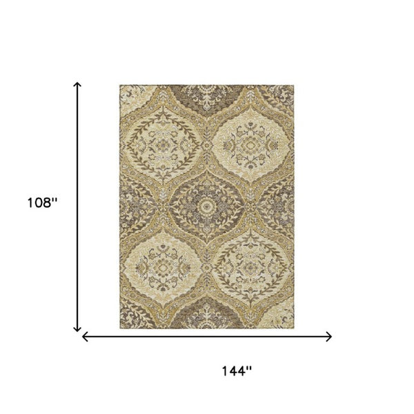 9 X 12 Gold Khaki Ogee Polyester Area Rug Stain Resistant Indoor Outdoor Use