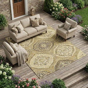 10 Ft X 14 Ft Gold Khaki Ogee Polyester Area Rug for Indoor Outdoor Spaces