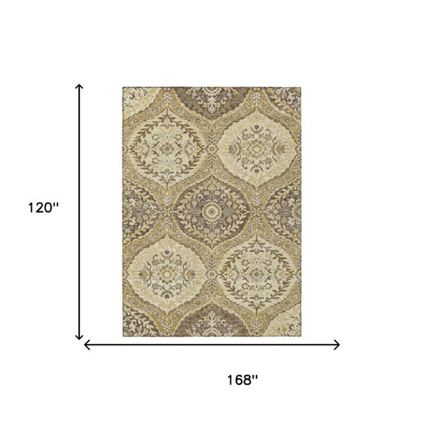 10 Ft X 14 Ft Gold Khaki Ogee Polyester Area Rug for Indoor Outdoor Spaces