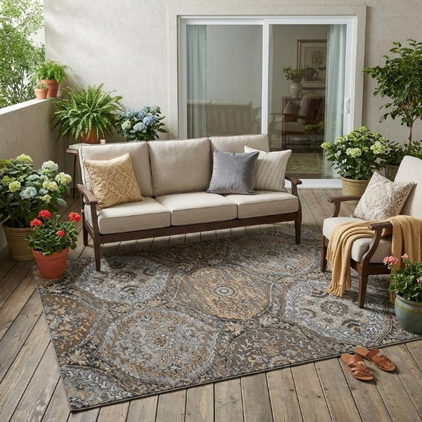 5x8 Gray Brown Ogee Polyester Area Rug Washable Stain Resistant Indoor Outdoor