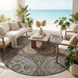 8 Ft Round Ogee Washable Polyester Area Rug for Patio Porch or Family Room