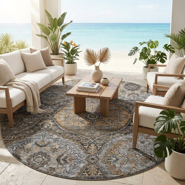8 Ft Round Ogee Washable Polyester Area Rug for Patio Porch or Family Room