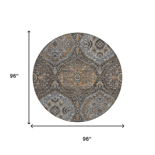 8 Ft Round Ogee Washable Polyester Area Rug for Patio Porch or Family Room