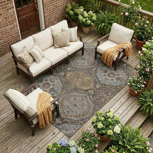 8x10 Gray Brown Ogee Polyester Area Rug Washable Stain Resistant Indoor Outdoor
