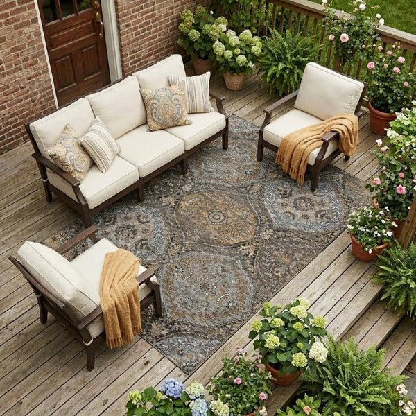 8x10 Gray Brown Ogee Polyester Area Rug Washable Stain Resistant Indoor Outdoor