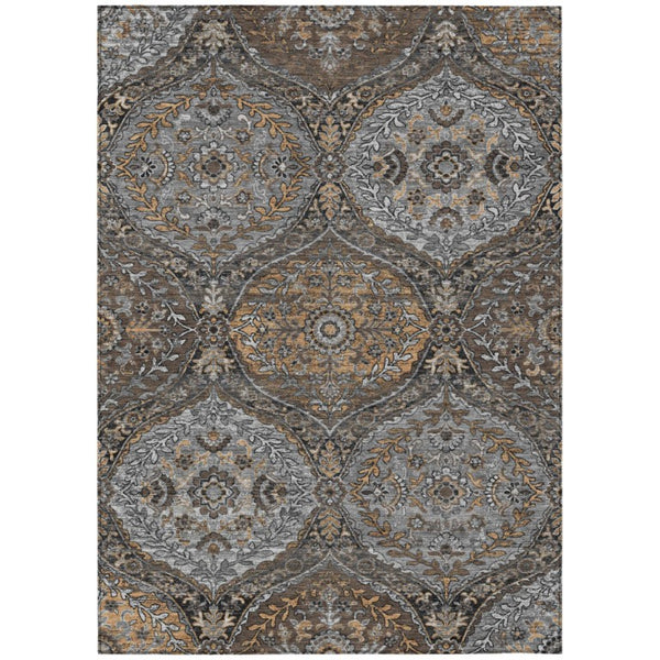 HomeRoots 8x10 Gray Brown Ogee Polyester Area Rug Washable Stain Resistant Indoor Outdoor 737005