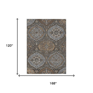 10 X 14 Gray Brown Ogee Polyester Area Rug Washable Stain Resistant Indoor Outdoor