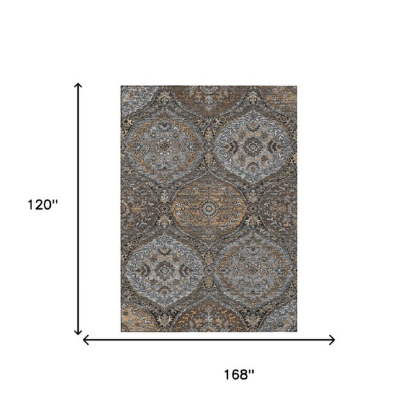 10 X 14 Gray Brown Ogee Polyester Area Rug Washable Stain Resistant Indoor Outdoor