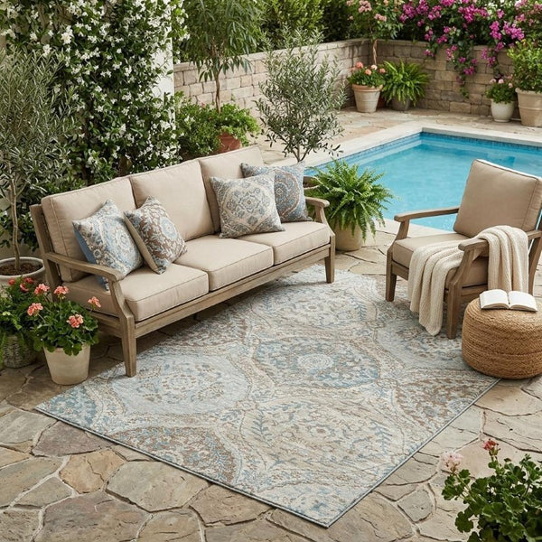 5x8 Ivory Brown Ogee Polyester Area Rug Washable Stain Resistant Indoor Outdoor