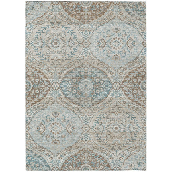 HomeRoots 5x8 Ivory Brown Ogee Polyester Area Rug Washable Stain Resistant Indoor Outdoor 737009