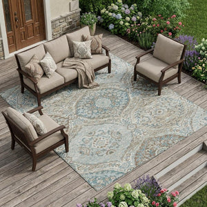 8x10 Ivory Brown Ogee Polyester Area Rug Stain Resistant for Indoor Outdoor Use
